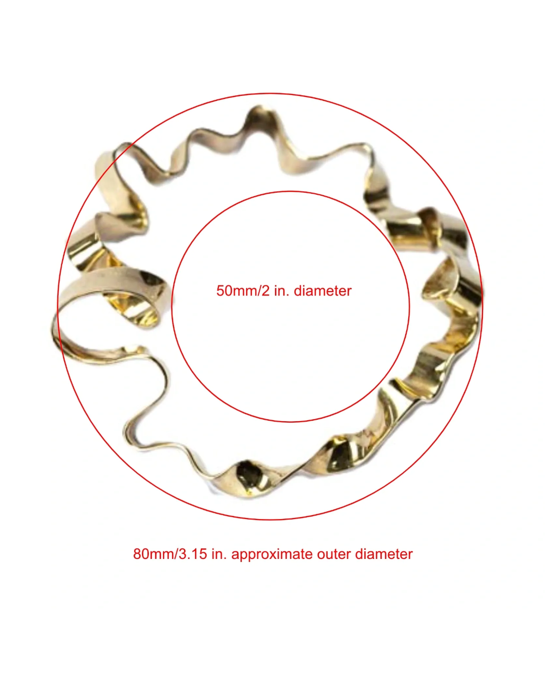 A wavy metal ring or coil-shaped component shown on a white background with red measurement circles and text indicating 50mm/2 in. diameter and 80mm/3.